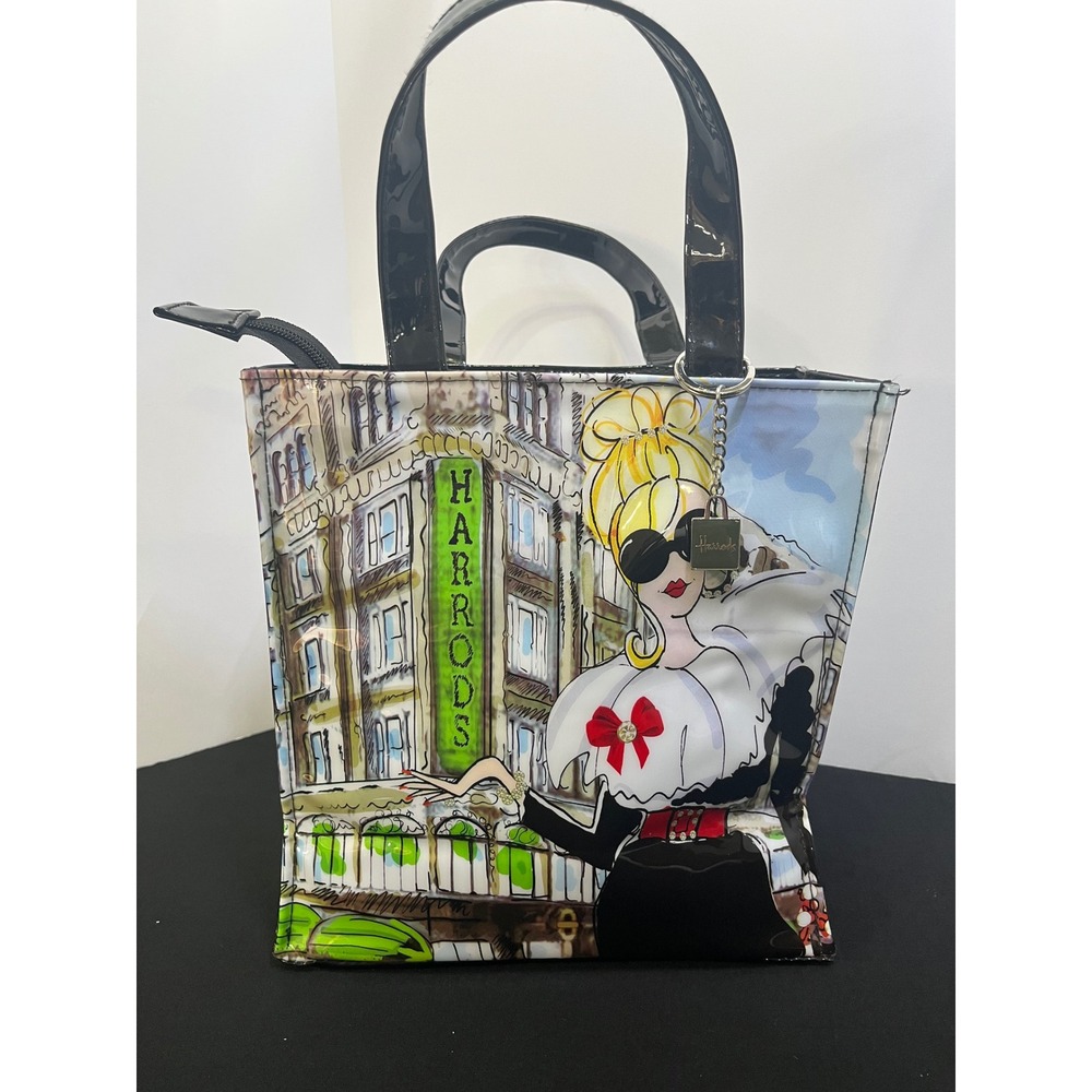 Harrods London Small Patent Shopper Tote Bag Fashion Illustration Logo Charm